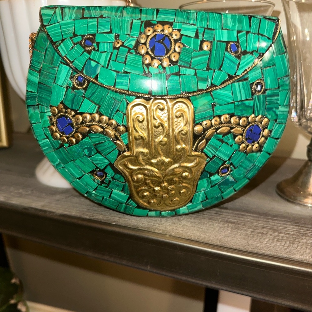 Emerald Mosaic Shoulder Bag with Gold Detailing